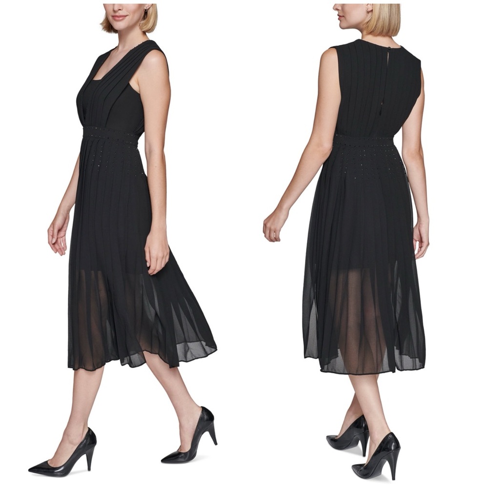 Karl Lagerfeld Pleated Chiffon Midi Black Dress